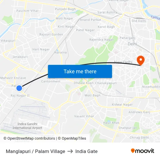 Manglapuri / Palam Village to India Gate map