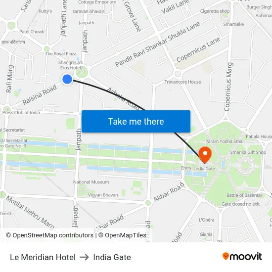 Le Meridian Hotel to India Gate map