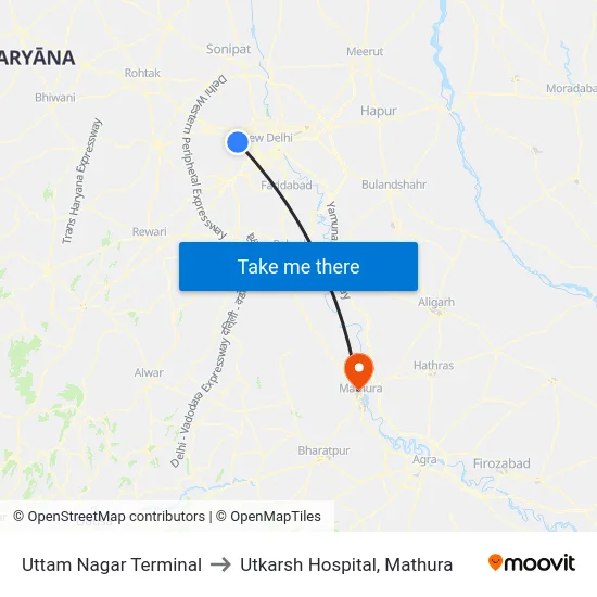 Uttam Nagar Terminal to Utkarsh Hospital, Mathura map