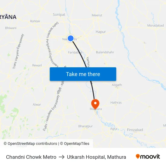 Chandni Chowk Metro to Utkarsh Hospital, Mathura map