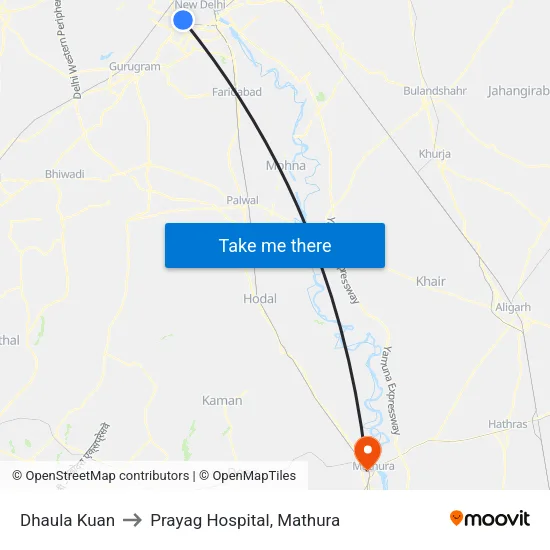 Dhaula Kuan to Prayag Hospital, Mathura map