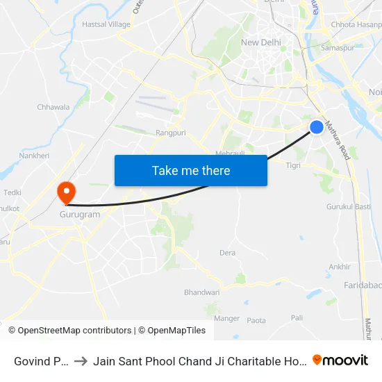 Govind Puri to Jain Sant Phool Chand Ji Charitable Hospital map