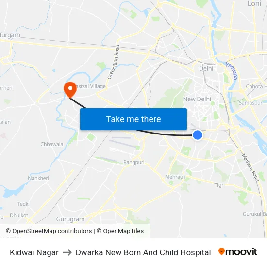 Kidwai Nagar to Dwarka New Born And Child Hospital map