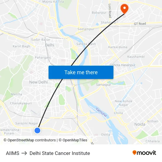 AIIMS to Delhi State Cancer Institute map