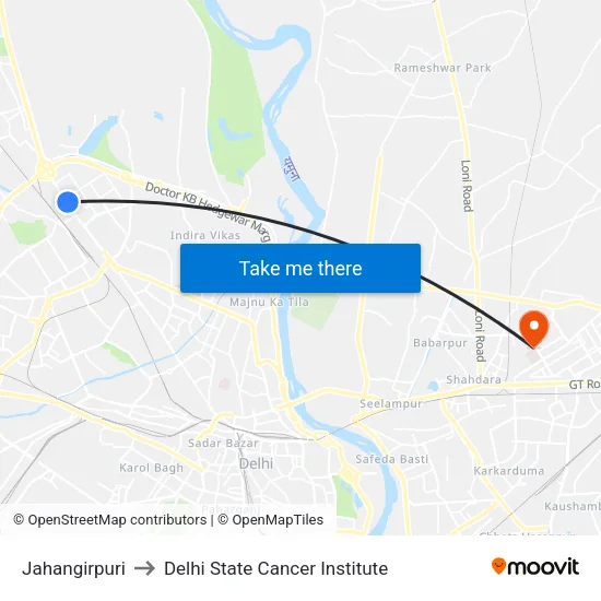 Jahangirpuri to Delhi State Cancer Institute map
