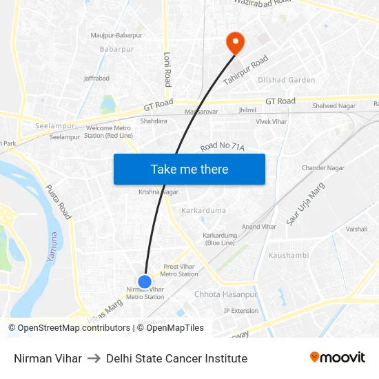 Nirman Vihar to Delhi State Cancer Institute map