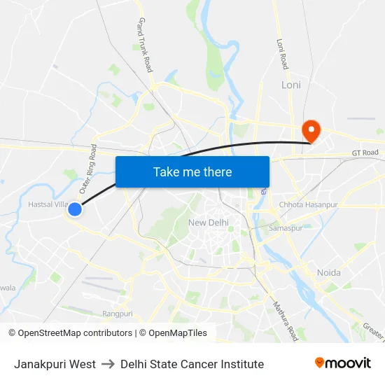 Janakpuri West to Delhi State Cancer Institute map