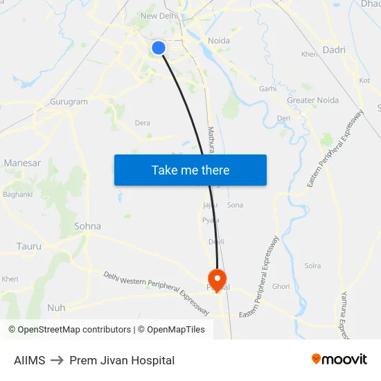 AIIMS to Prem Jivan Hospital map