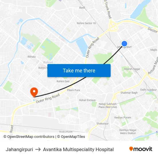Jahangirpuri to Avantika Multispeciality Hospital map