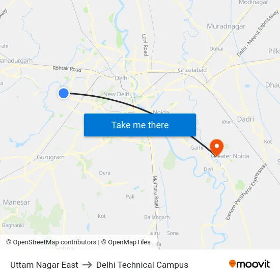 Uttam Nagar East to Delhi Technical Campus map