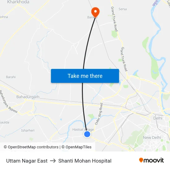 Uttam Nagar East to Shanti Mohan Hospital map