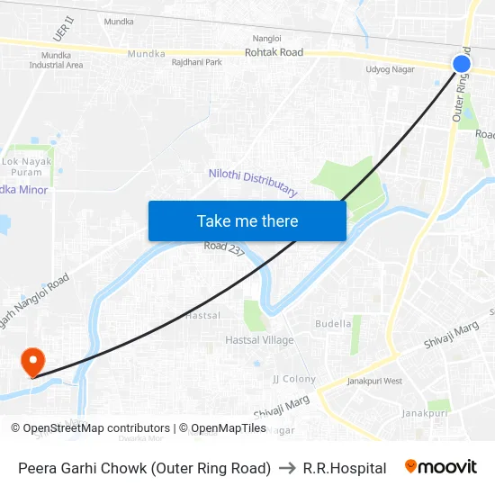 Peera Garhi Chowk (Outer Ring Road) to R.R.Hospital map