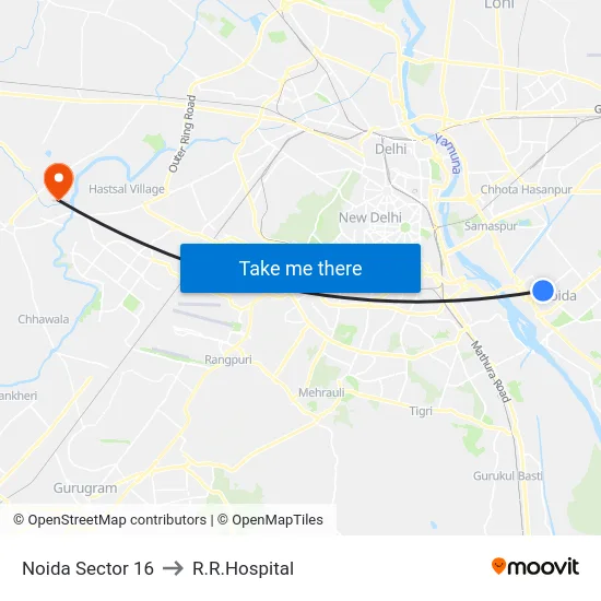 Noida Sector 16 to R.R.Hospital map