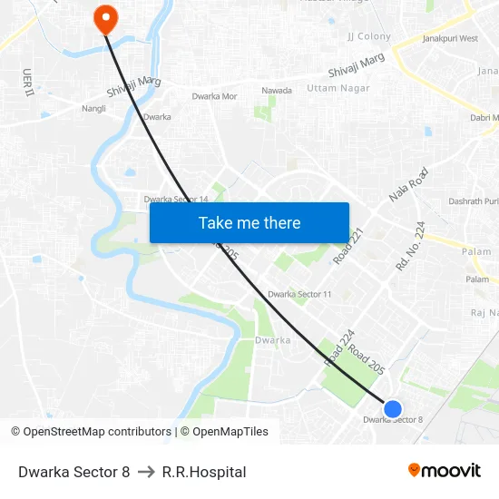 Dwarka Sector 8 to R.R.Hospital map