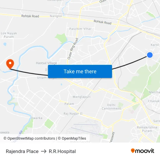 Rajendra Place to R.R.Hospital map
