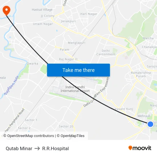 Qutab Minar to R.R.Hospital map