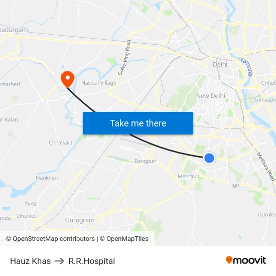 Hauz Khas to R.R.Hospital map