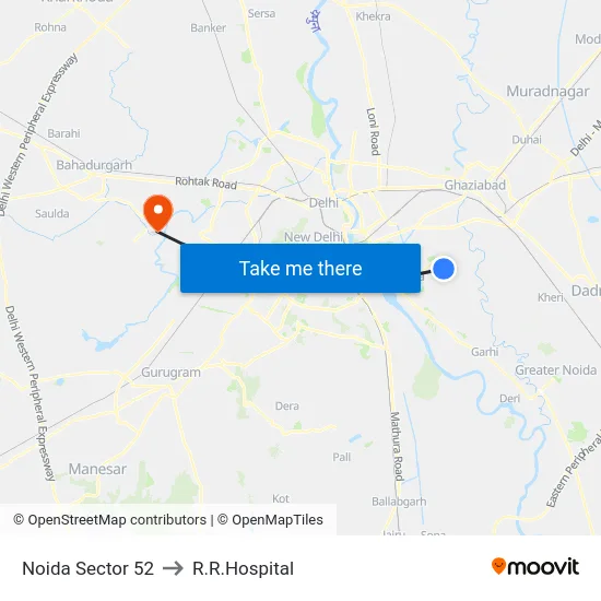 Noida Sector 52 to R.R.Hospital map
