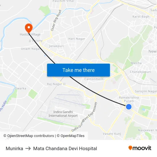 Munirka to Mata Chandana Devi Hospital map