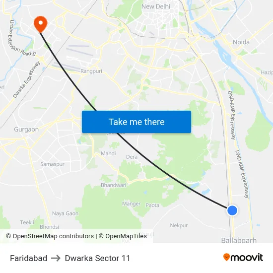 Faridabad to Dwarka Sector 11 map