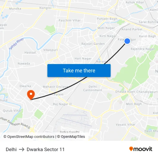 दिल्ली to द्वारका सेक्टर 11 map