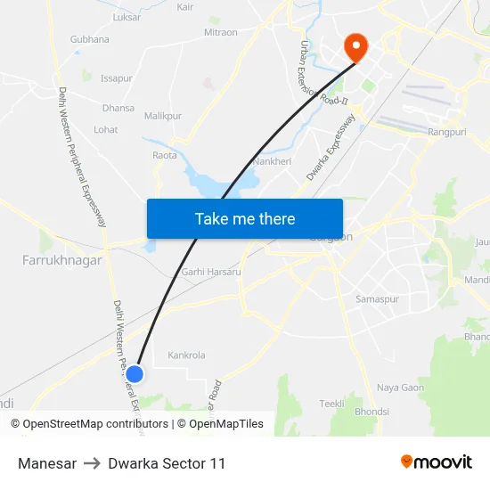 Manesar to Dwarka Sector 11 map