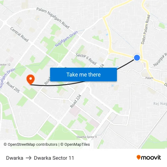 Dwarka to Dwarka Sector 11 map