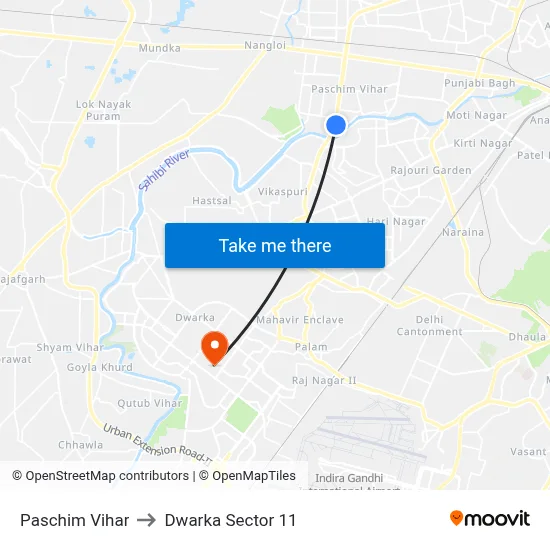 Paschim Vihar to Dwarka Sector 11 map