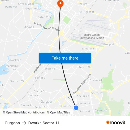 Gurgaon to Dwarka Sector 11 map