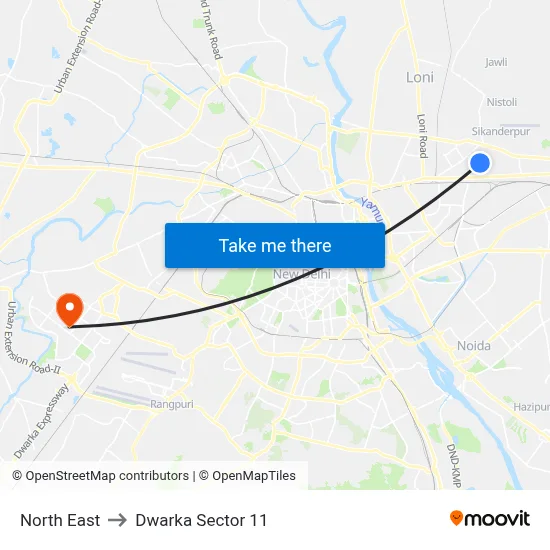 नॉर्थ ईस्ट to द्वारका सेक्टर 11 map