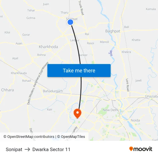 Sonipat to Dwarka Sector 11 map