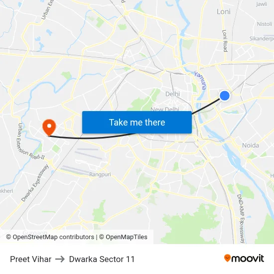 Preet Vihar to Dwarka Sector 11 map