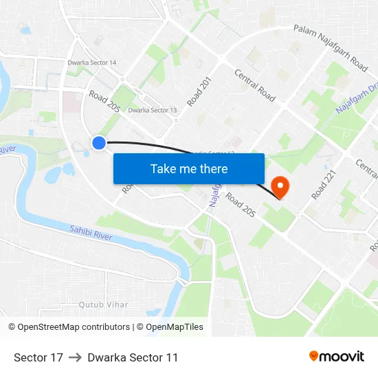 Sector 17 to Dwarka Sector 11 map