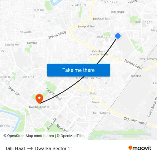 Dilli Haat to Dwarka Sector 11 map