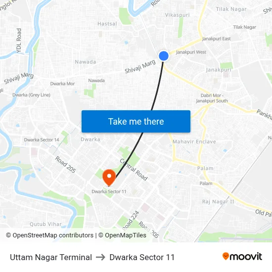 Uttam Nagar Terminal to Dwarka Sector 11 map