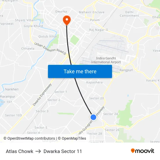 Atlas Chowk to Dwarka Sector 11 map