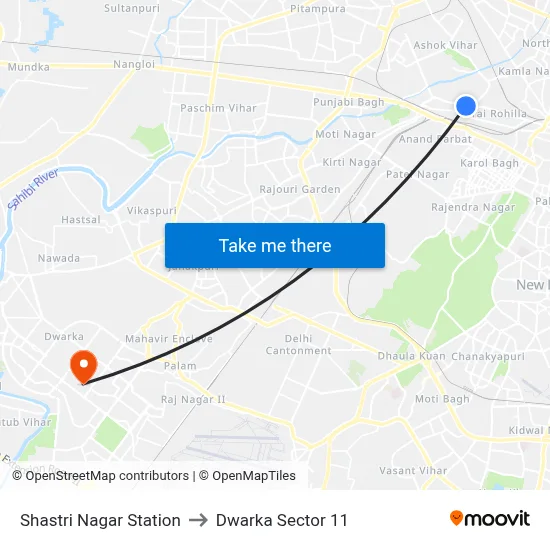 Shastri Nagar Station to Dwarka Sector 11 map