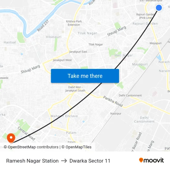 Ramesh Nagar Station to Dwarka Sector 11 map