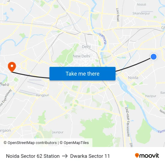 Noida Sector 62 Station to Dwarka Sector 11 map