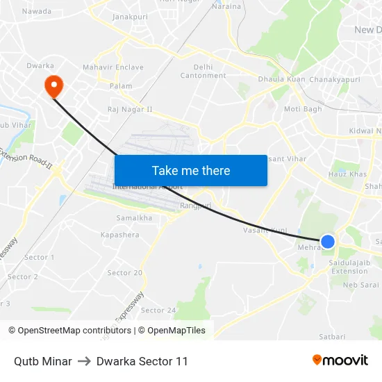 Qutb Minar to Dwarka Sector 11 map