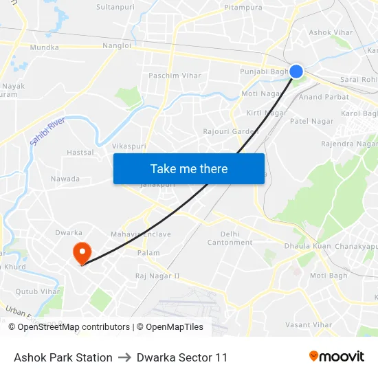 Ashok Park Station to Dwarka Sector 11 map
