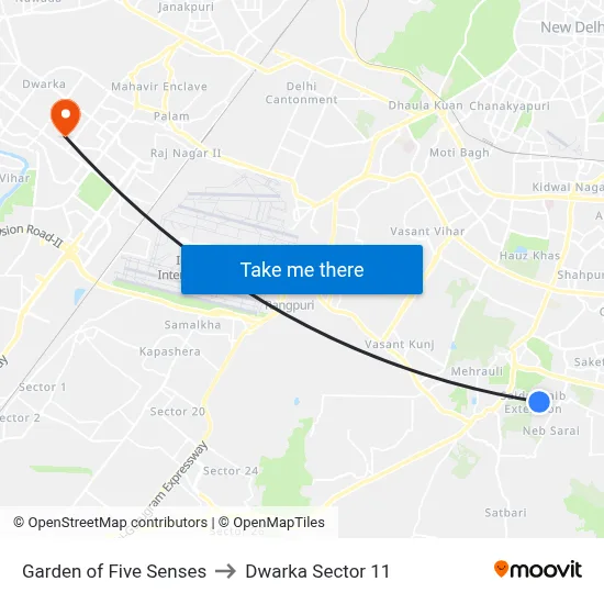 Garden of Five Senses to Dwarka Sector 11 map