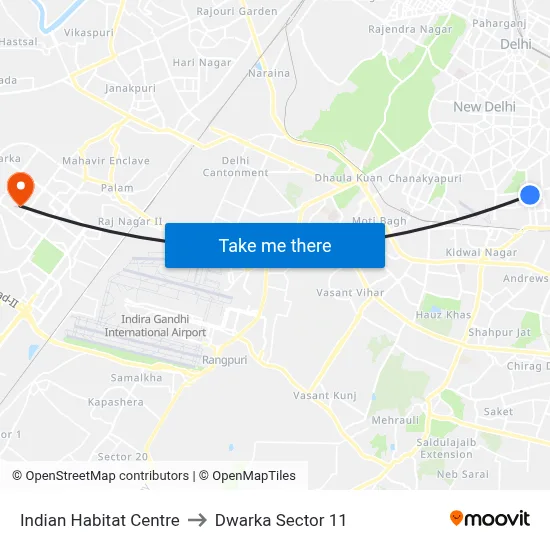 Indian Habitat Centre to Dwarka Sector 11 map