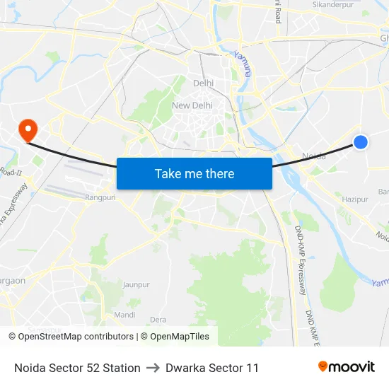 Noida Sector 52 Station to Dwarka Sector 11 map