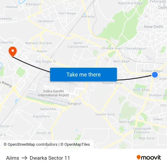 Aiims to Dwarka Sector 11 map