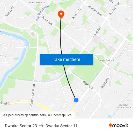 Dwarka Sector 23 to Dwarka Sector 11 map