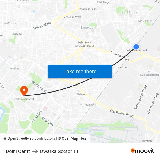 Delhi Cantt to Dwarka Sector 11 map