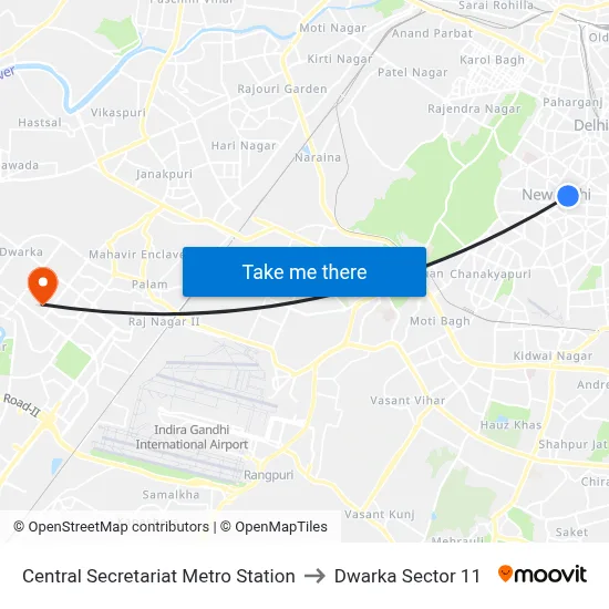 Central Secretariat Metro Station to Dwarka Sector 11 map