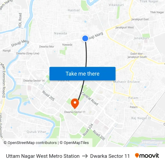 Uttam Nagar West Metro Station to Dwarka Sector 11 map