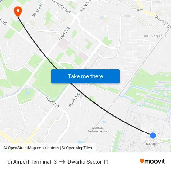 Igi Airport Terminal -3 to Dwarka Sector 11 map
